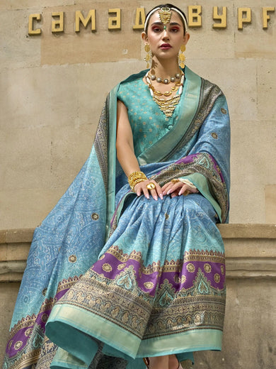 Incredible Sky-Blue Digital Print Silk Festival Wear Saree With Blouse